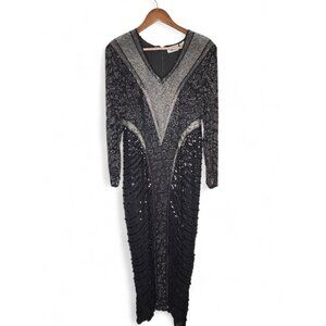 1980s Black Tie by Oleg Cassini Beaded Vintage Formal Gown Size 6